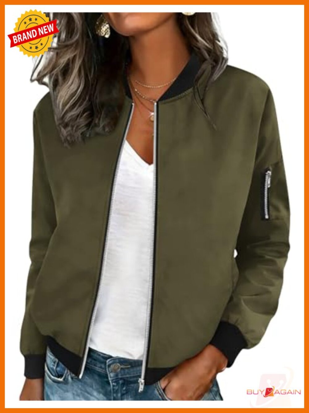 Women Lightweight Zip Up Bomber Jacket Long Sleeve Casual Coat
